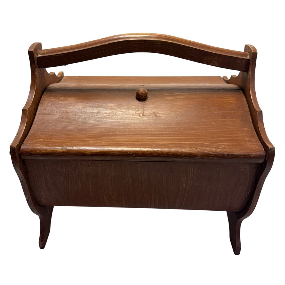 Wooden Sewing Basket Caddy Double Lid Handle Storage Box Rustic Decor Vintage